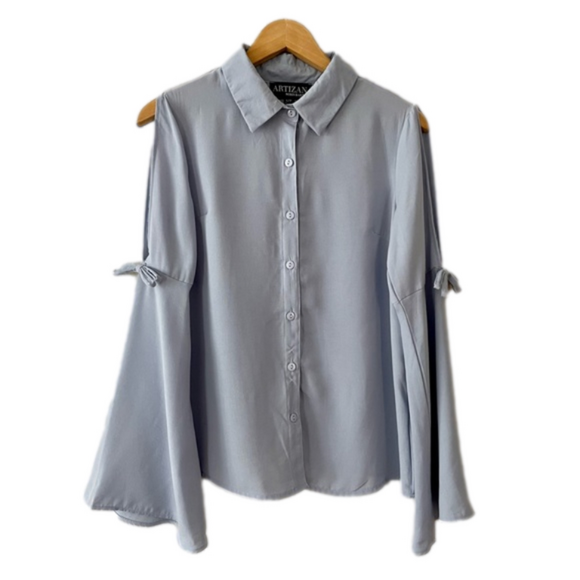 NEW Artizan Robin Barre Blue Button Up Blouse Bell Sleeve (bin 1F) - Picture 1 of 9